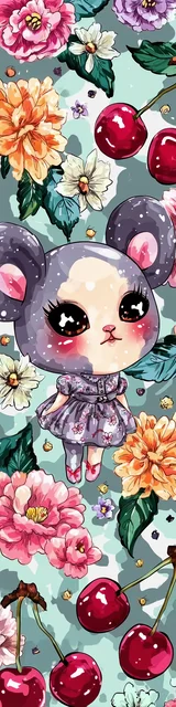 Free kawaii bookmark featuring a kawaii-style mouse with cherries